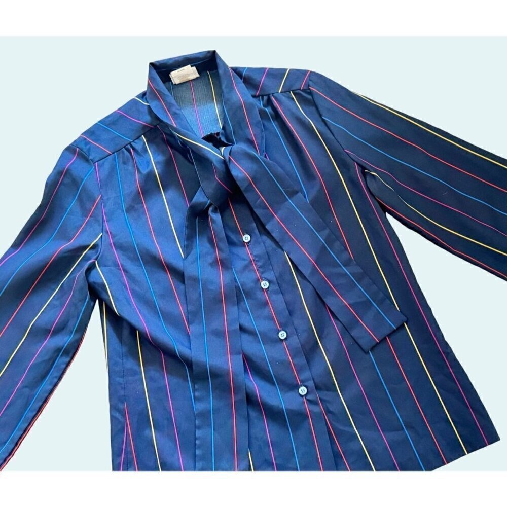 Vintage FRESH START Tie Neck Striped Blouse 70s 80s Navy Size Small